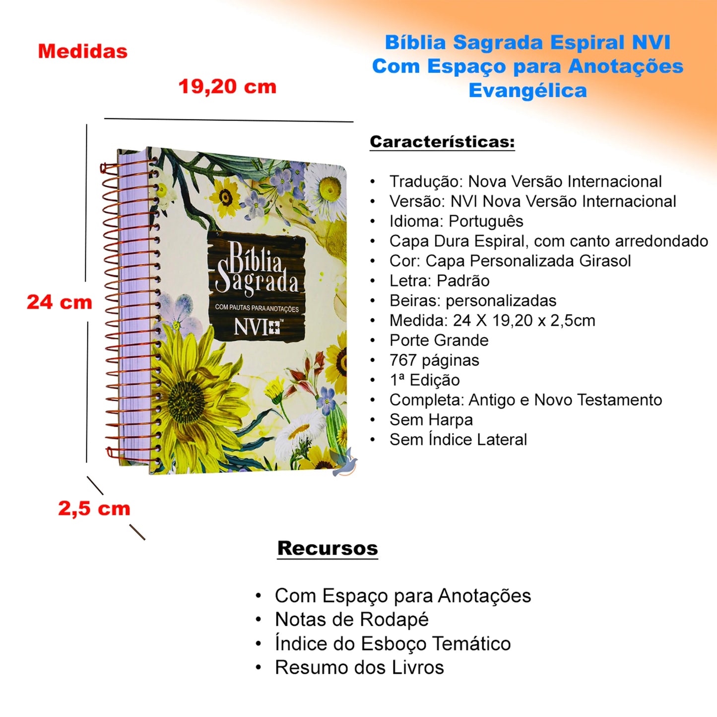 Bíblia Sagrada Com Pautas para Anotações Espiral NVI Girassol