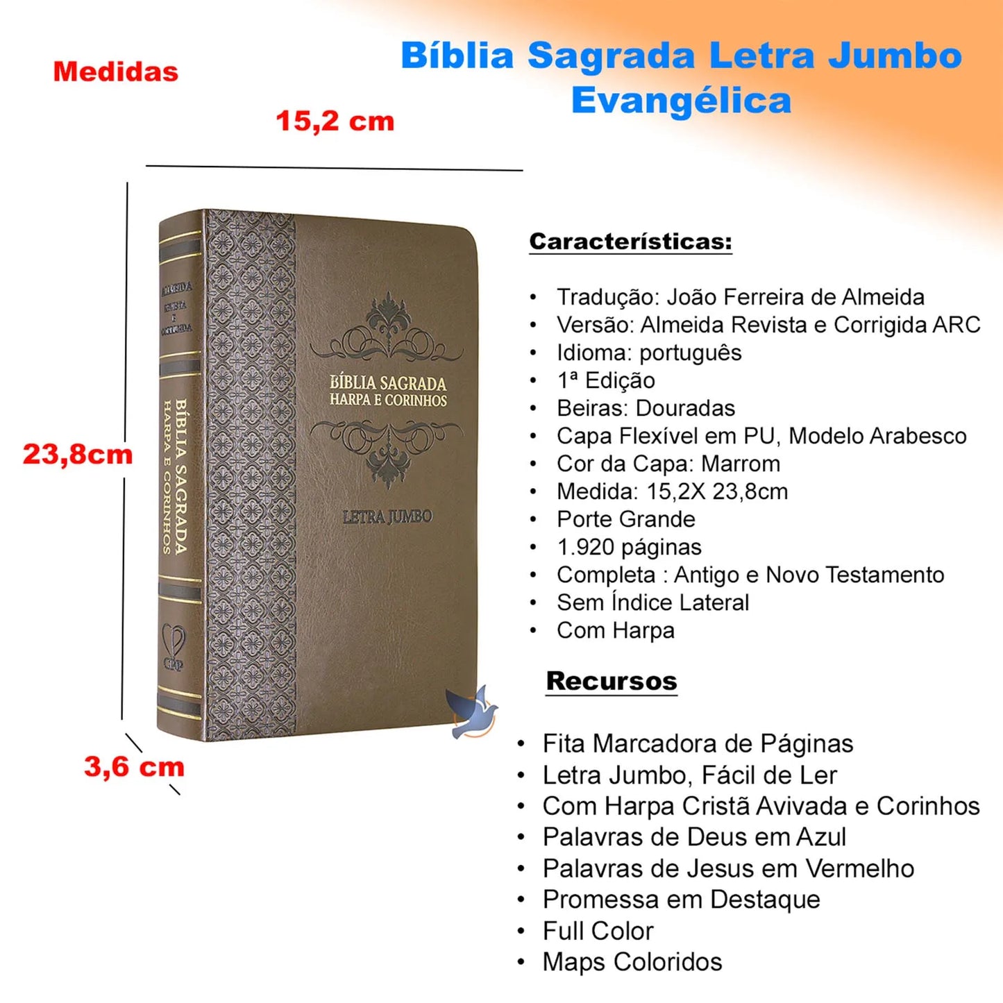 Bíblia Sagrada ARC – Letra Jumbo Gigante com Harpa | Capa PU Luxo Arabesco Marrom